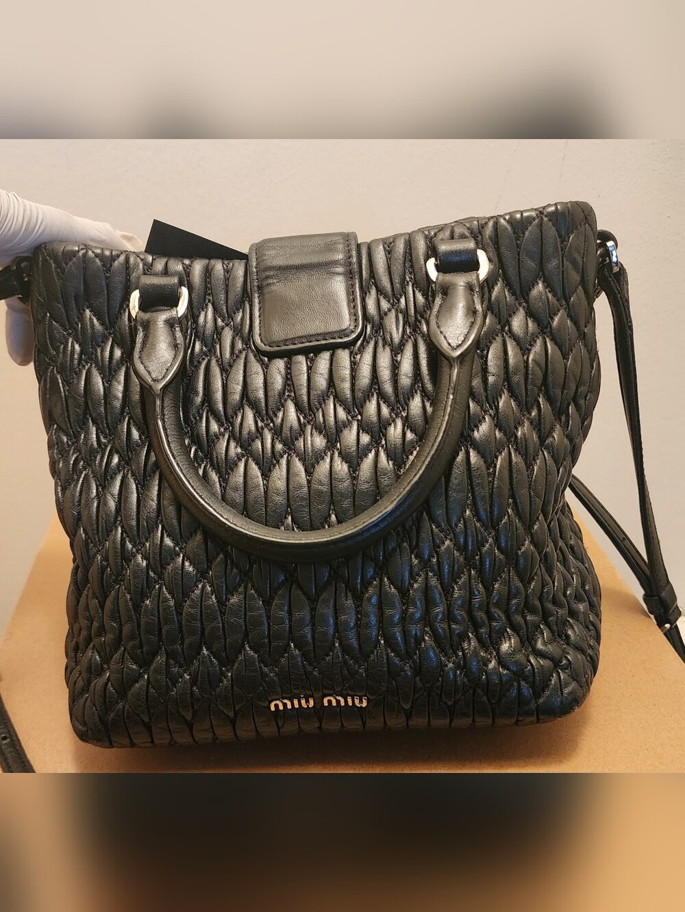 Mui Mui Black Leather Quilted Handbag with Gem Chain And Leather Crossbody Strap - Picture 2 of 5